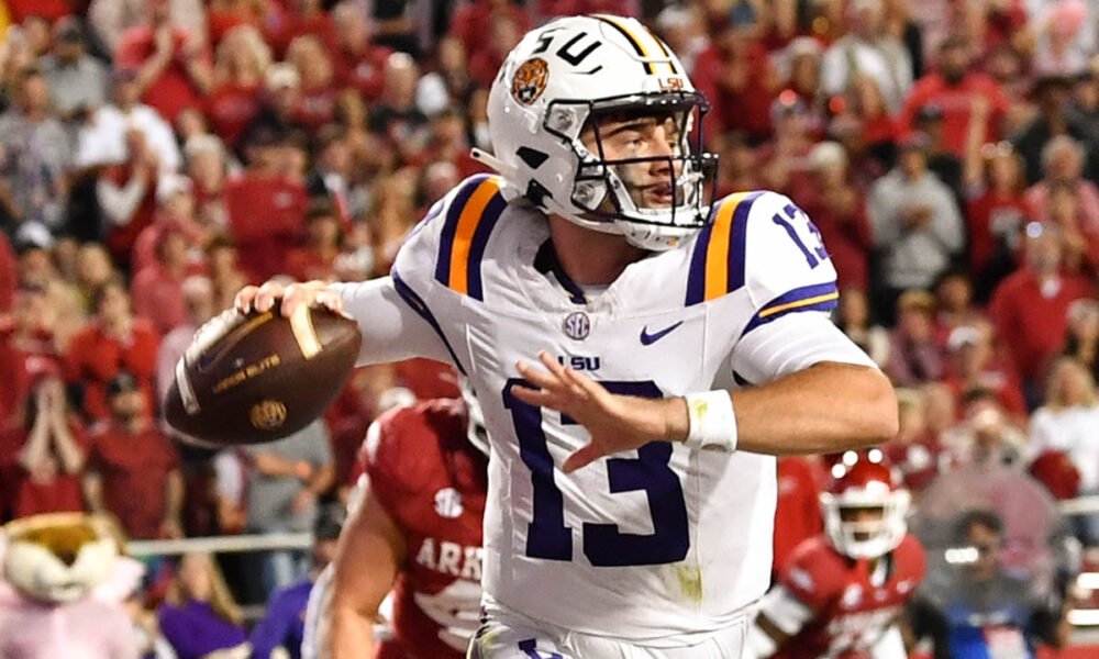 LSU Tigers quarterback Garrett Nussmeier throwing against the Arkansas Razorbacks
