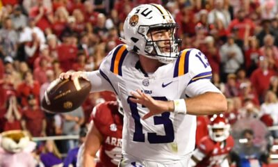 LSU Tigers quarterback Garrett Nussmeier throwing against the Arkansas Razorbacks