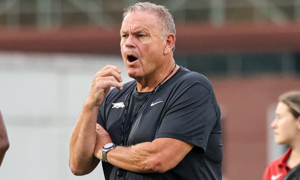Arkansas Razorbacks coach Sam Pittman makes a point in the first practice of fall camp