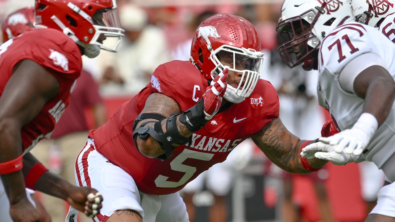 Arkansas Razorbacks defensive lineman Cam Ball comes off the snap against the Alabama A&M Bulldogs