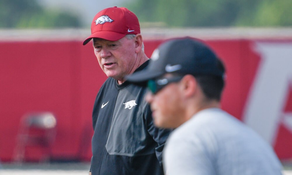 Arkansas Razorbacks offensive coordinator Bobby Petrino during a fall camp practice