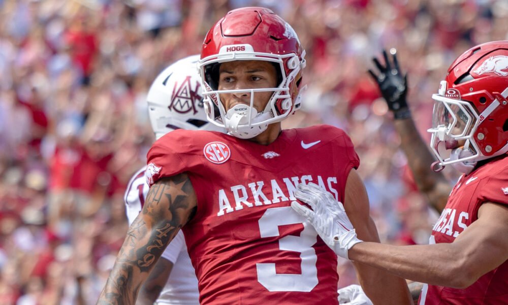 Arkansas Razorbacks wide receiver CJ Brown after a touchdown catch against the Alabama A&M Bulldogs