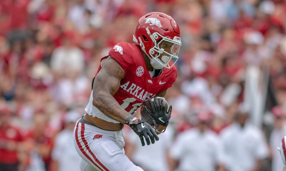 Arkansas Razorbacks wide receiver Monte Harrison runs upfield after a catch against the Alabama A&M Bulldogs