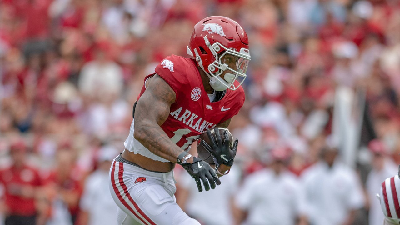 Arkansas Razorbacks wide receiver Monte Harrison runs upfield after a catch against the Alabama A&M Bulldogs