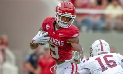 Arkansas Razorbacks wide receiver O'Mega Blake runs upfield after a catch against the Alabama A&M Bulldogs