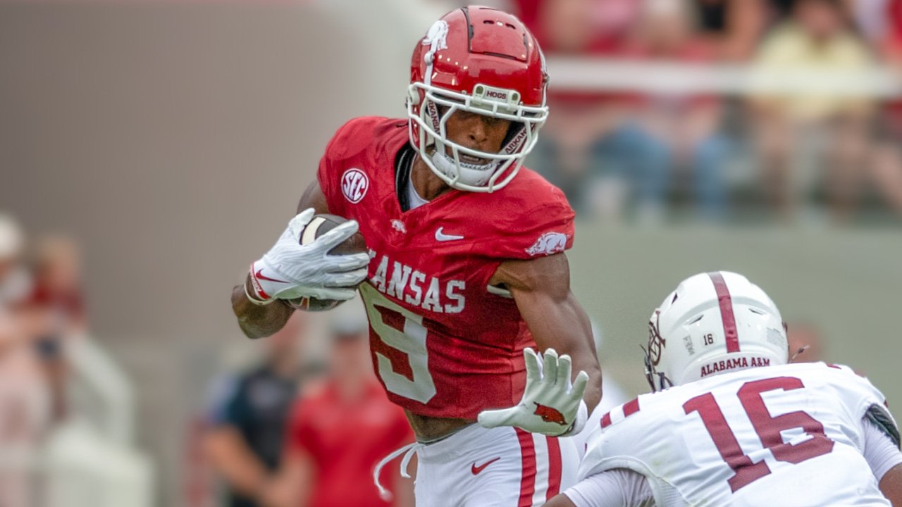 Arkansas Razorbacks wide receiver O'Mega Blake runs upfield after a catch against the Alabama A&M Bulldogs
