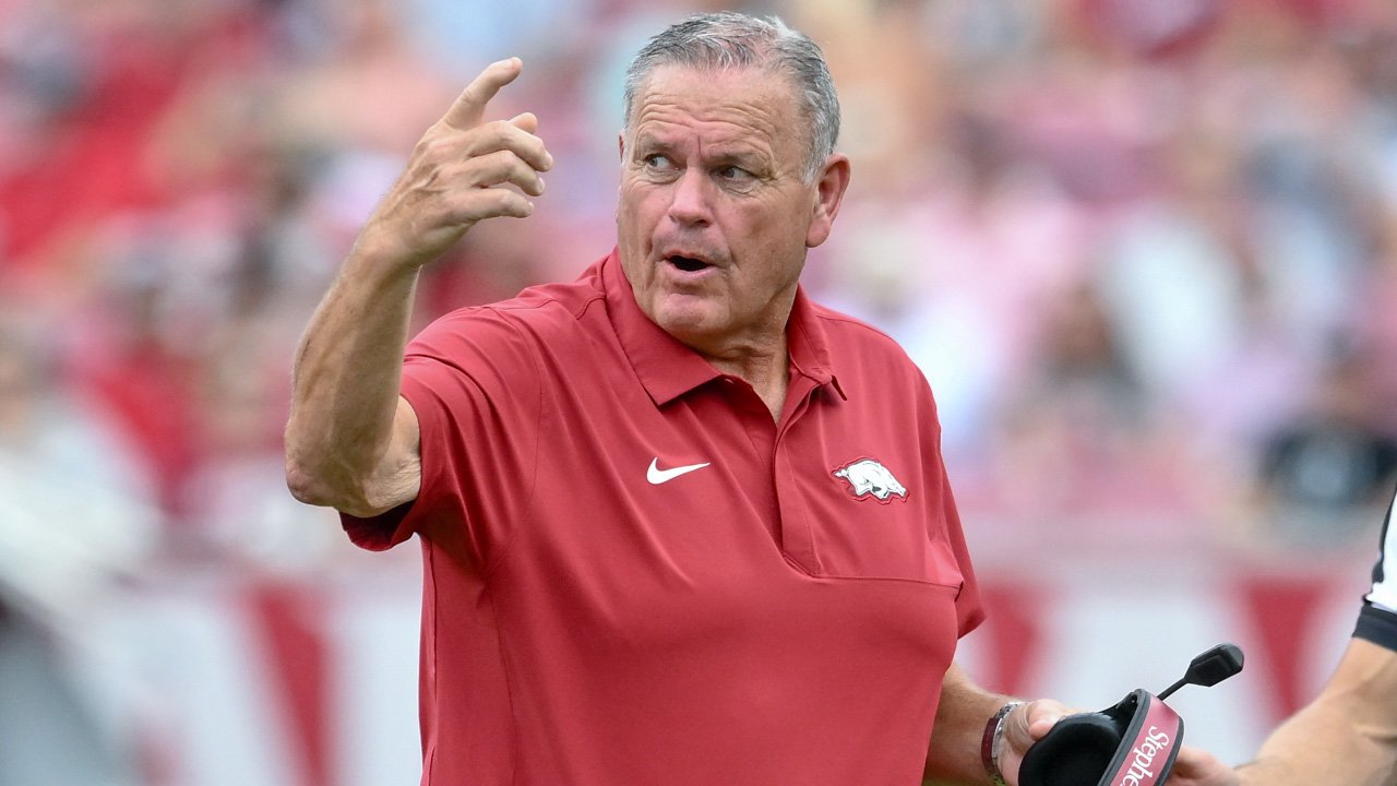 Arkansas Razorbacks coach Sam Pittman on the sidelines during the game with the Alabama A&M Bulldogs