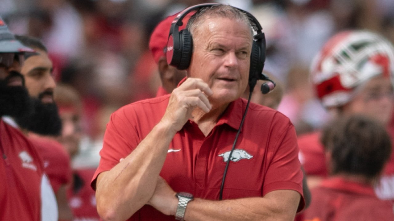 Arkansas Razorbacks coach Sam Pittman on the sidelines during the game with the Alabama A&M Bulldogs