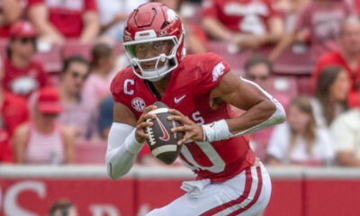 Arkansas Razorbacks quarterback Taylen Green running against the Arkansas State Red Wolves