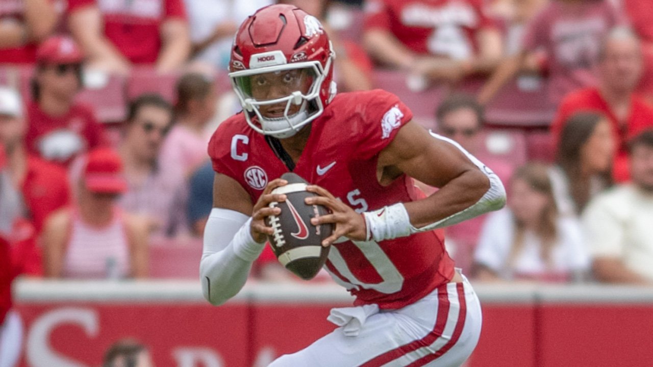Arkansas Razorbacks quarterback Taylen Green running against the Arkansas State Red Wolves