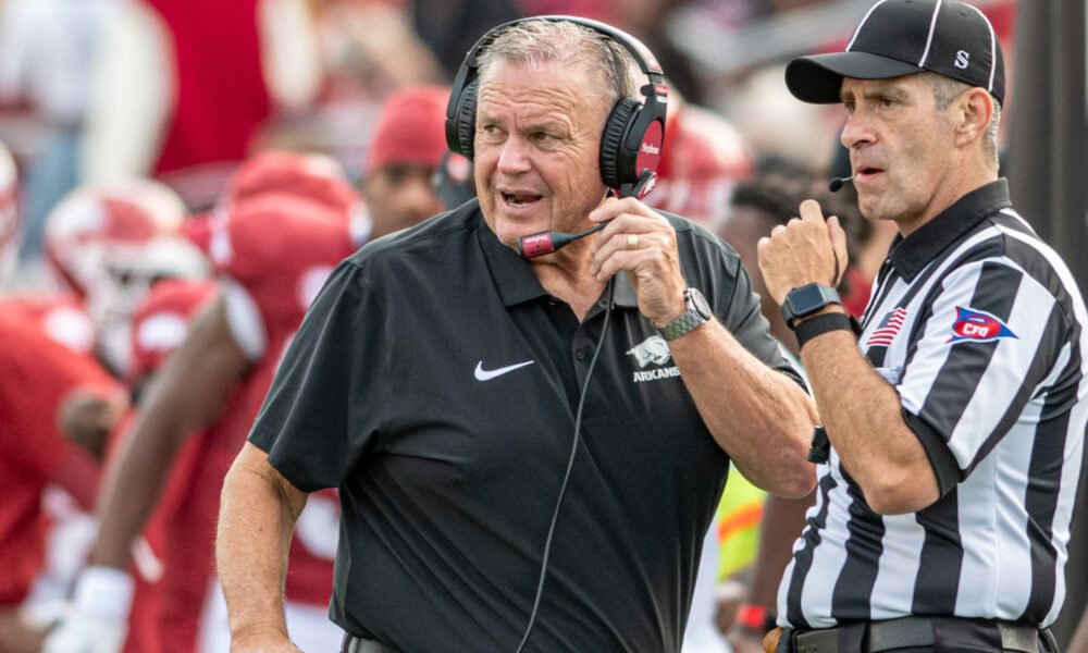 Arkansas Razorbacks coach Sam Pittman on the sidelines against Arkansas State