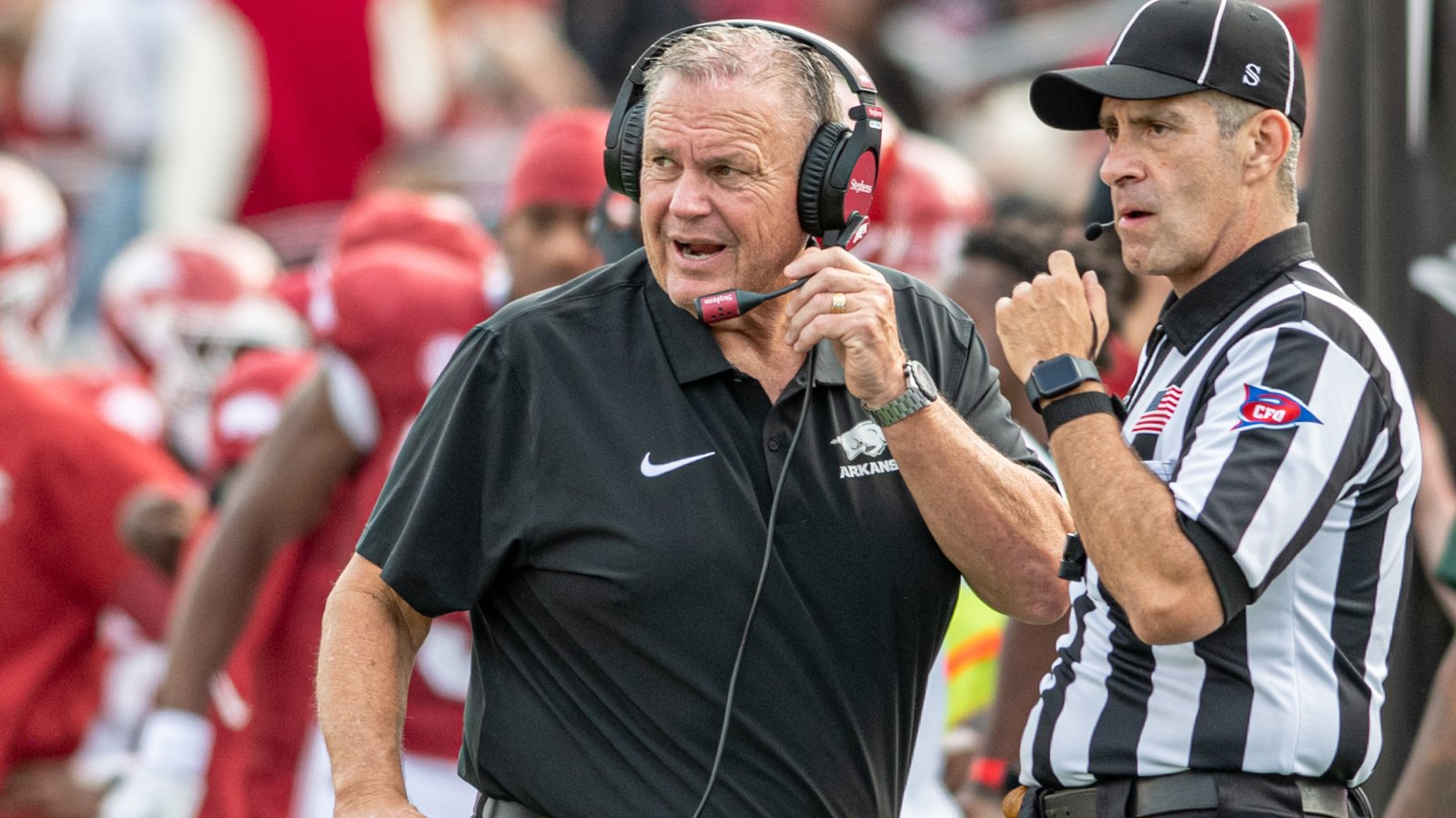 Arkansas Razorbacks coach Sam Pittman on the sidelines against Arkansas State
