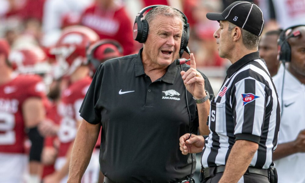 Arkansas Razorbacks coach Sam Pittman on the sidelines against Arkansas State