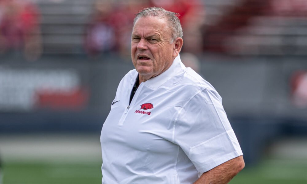 Arkansas Razorbacks coach Sam Pittman on the sidelines against Arkansas State