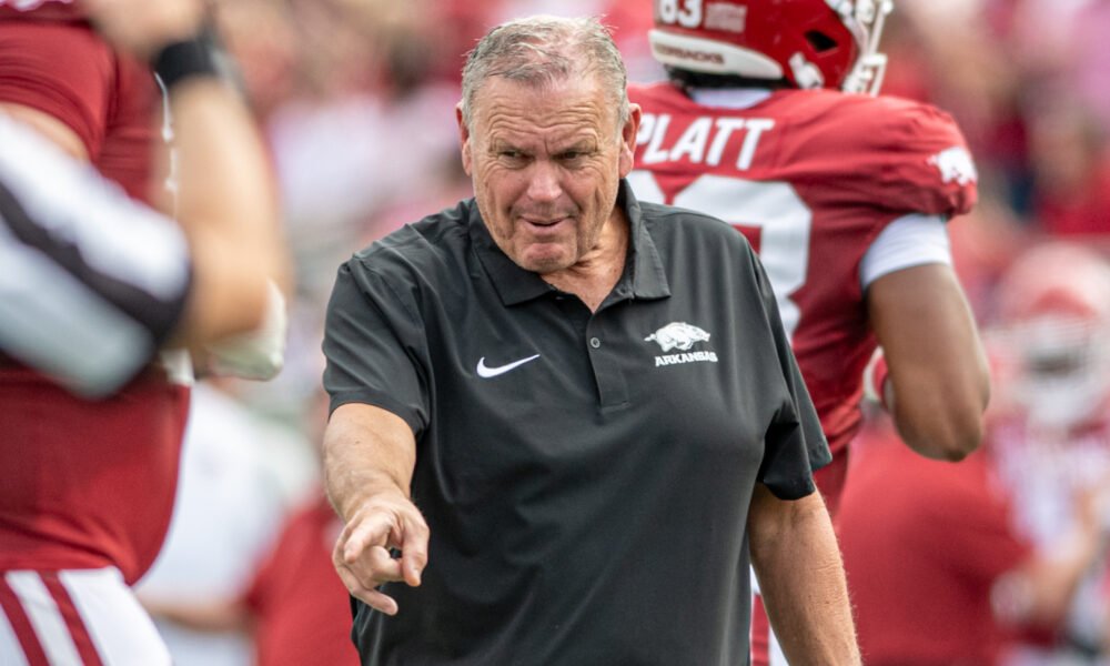 Arkansas Razorbacks coach Sam Pittman on the sidelines against Arkansas State
