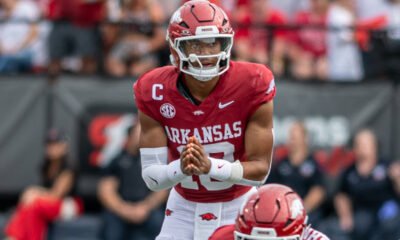 Arkansas Razorbacks quarterback Taylen Green waiting on a snap against the Arkansas State Red Wolves