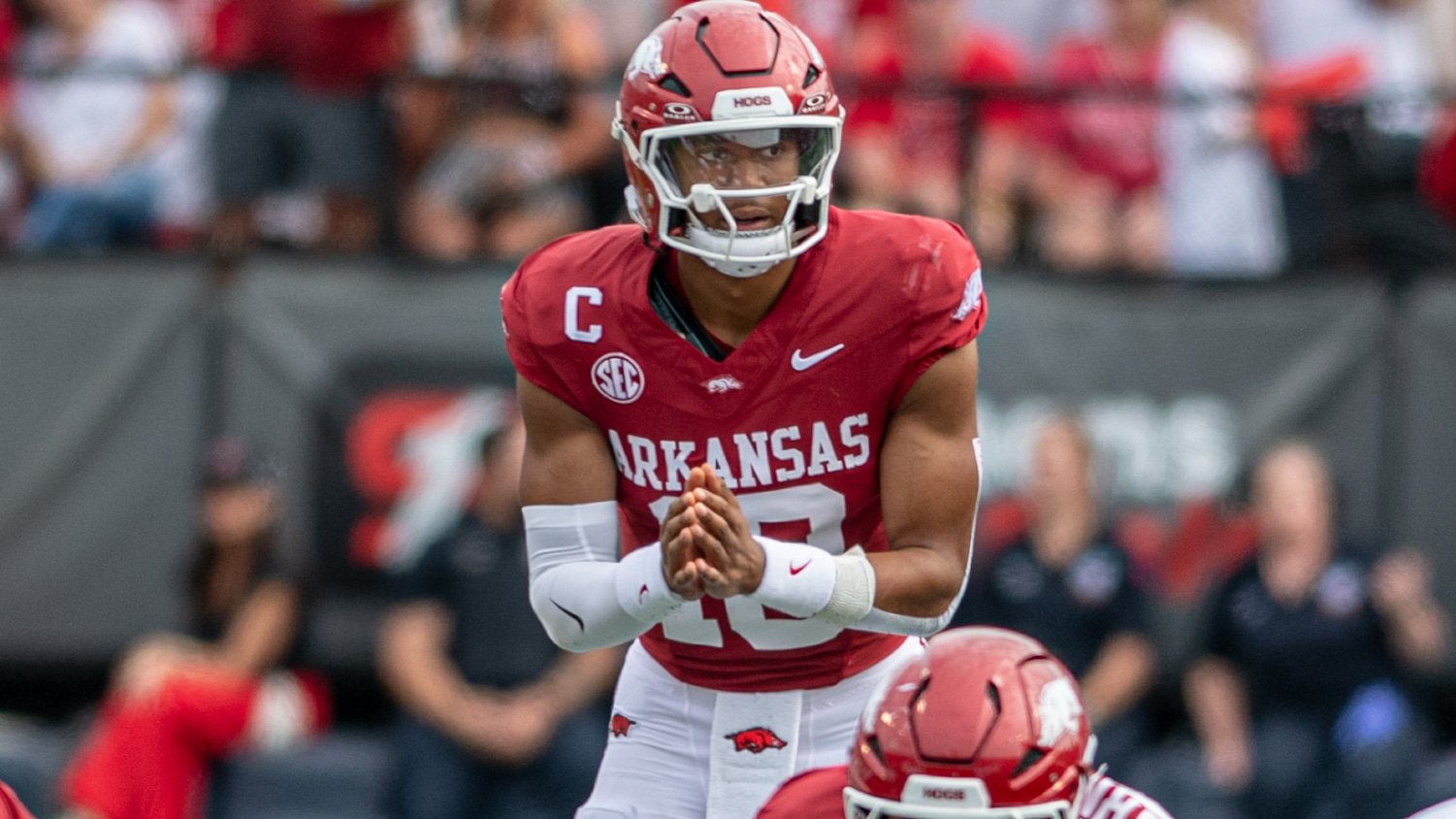 Arkansas Razorbacks quarterback Taylen Green waiting on a snap against the Arkansas State Red Wolves