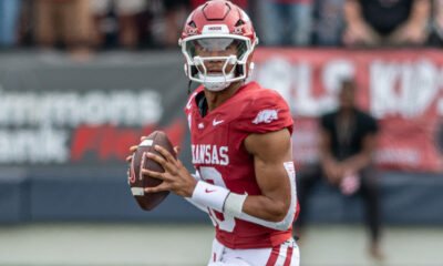 Arkansas Razorbacks quarterback Taylen Green dropping back to pass against the Arkansas State Red Wolves