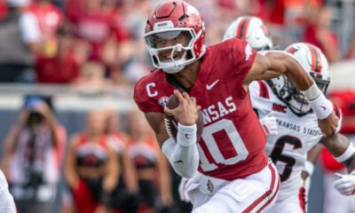 Arkansas Razorbacks quarterback Taylen Green running against the Arkansas State Red Wolves