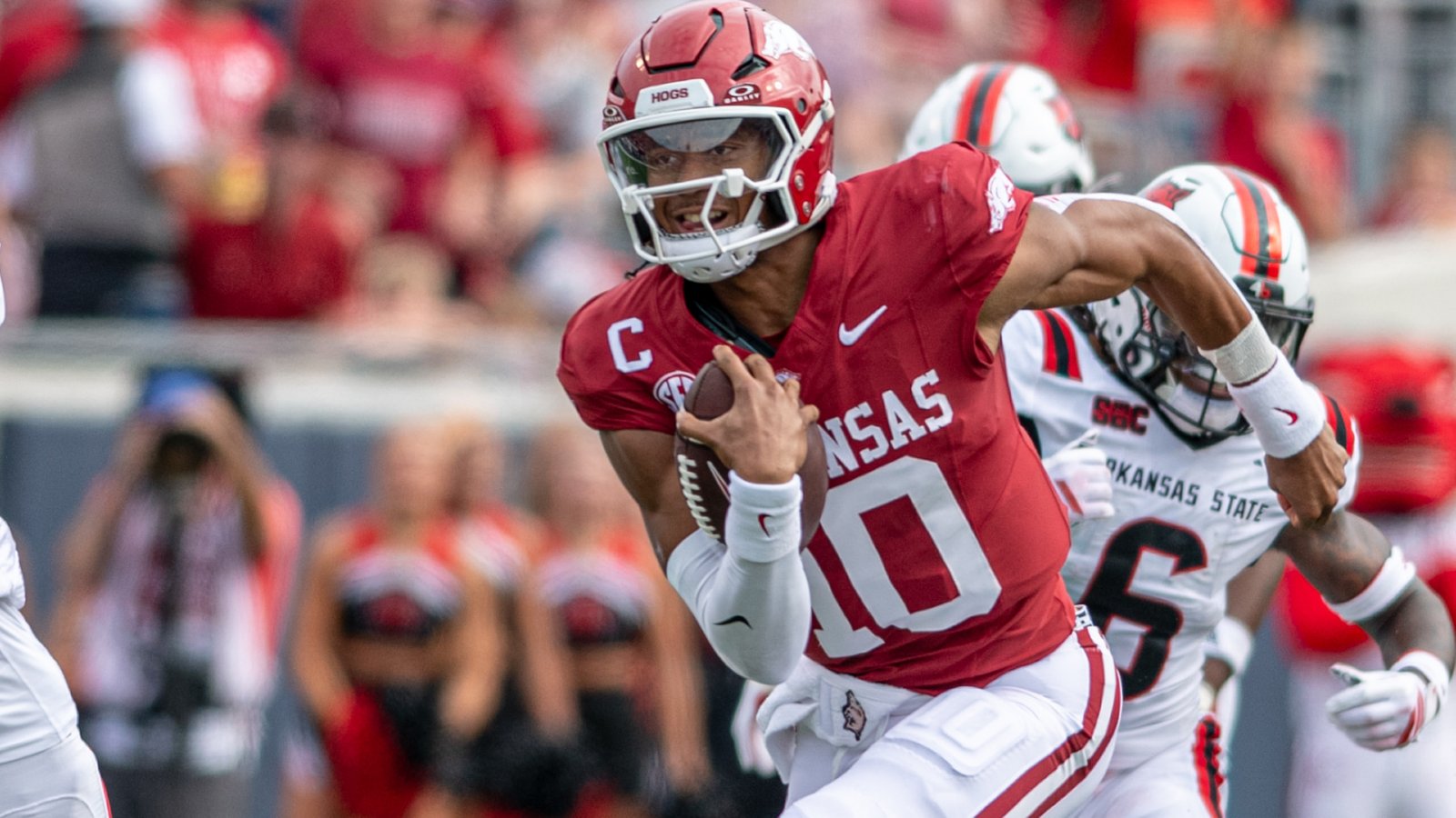 Arkansas Razorbacks quarterback Taylen Green running against the Arkansas State Red Wolves