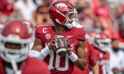Arkansas Razorbacks quarterback Taylen Green looking to pass against the Arkansas State Red Wolves