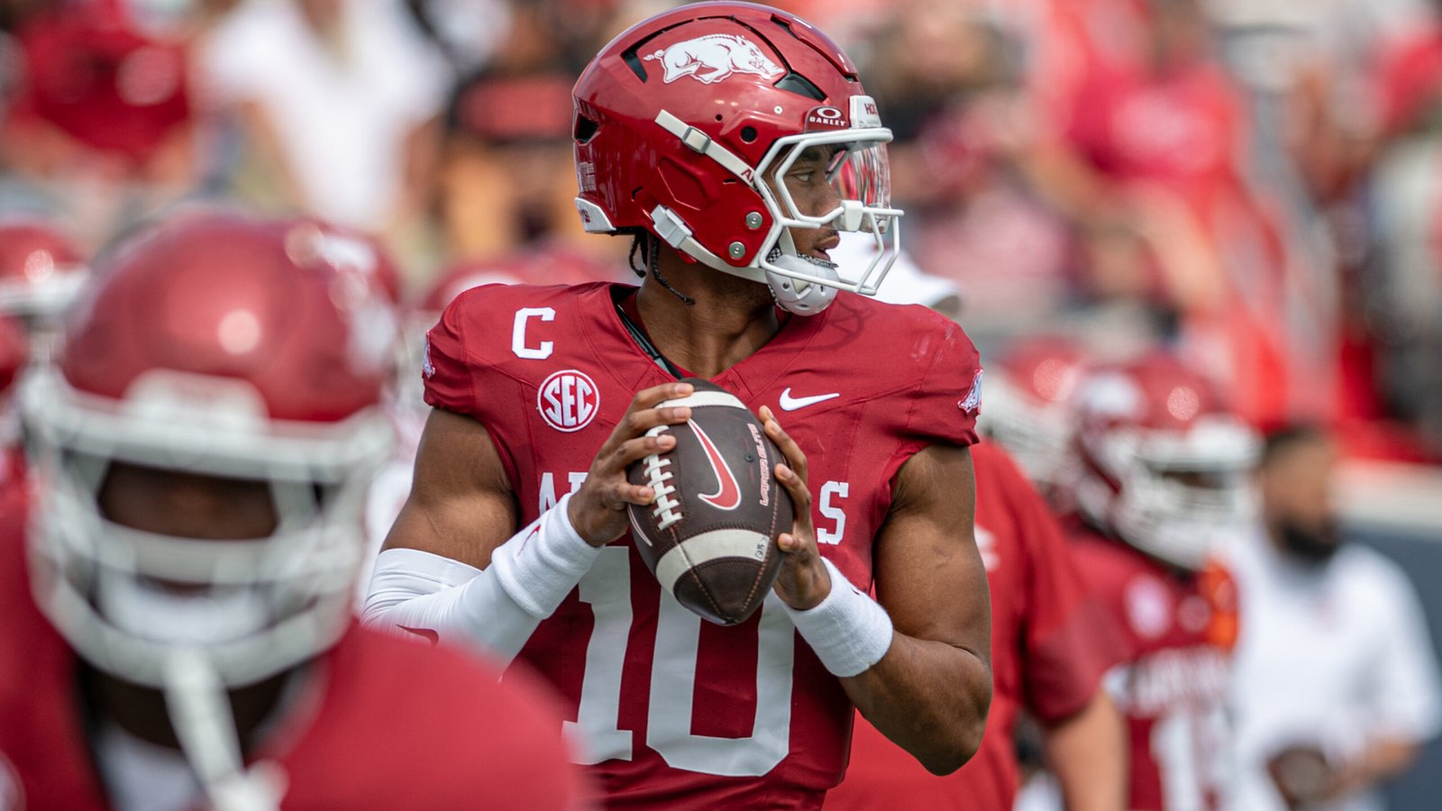 Arkansas Razorbacks quarterback Taylen Green looking to pass against the Arkansas State Red Wolves