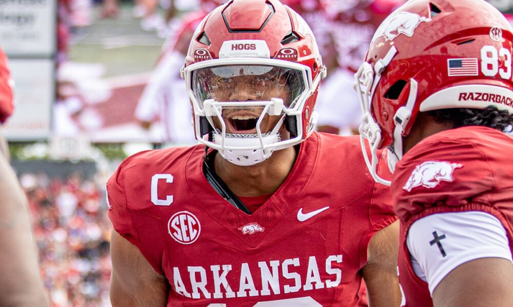 Arkansas Razorbacks quarterback Taylen Green running against the Arkansas State Red Wolves