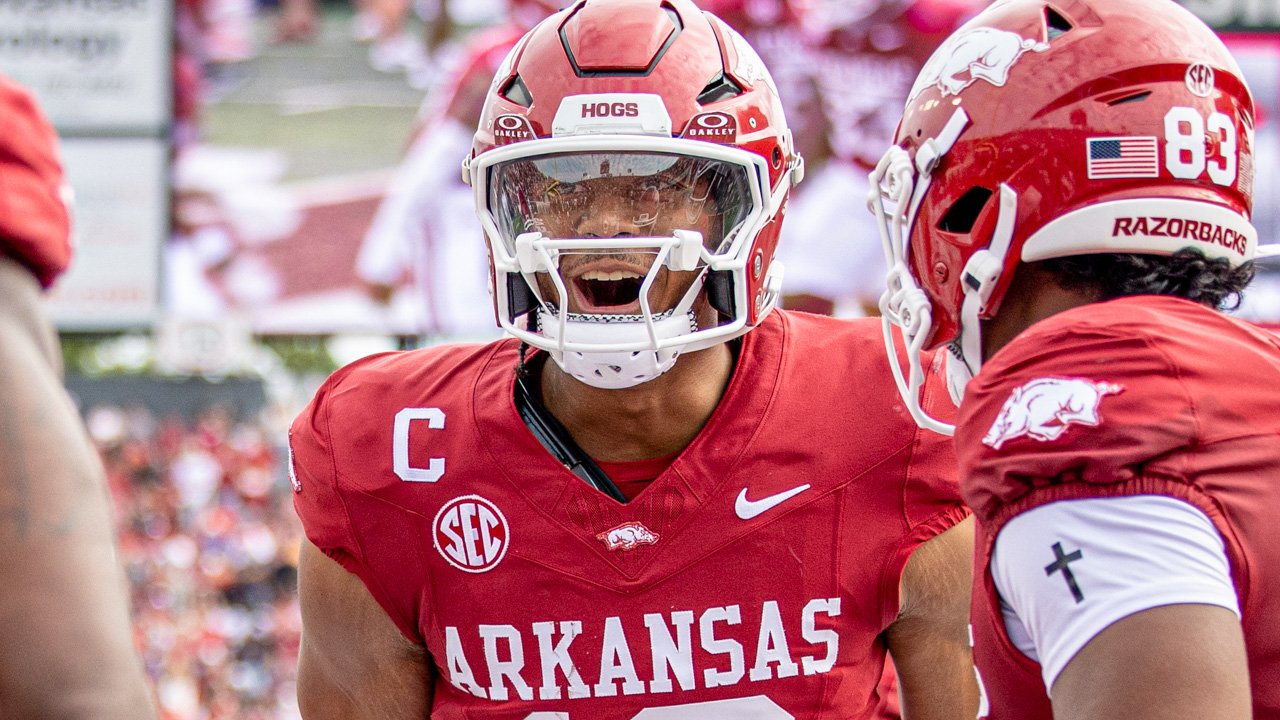 Arkansas Razorbacks quarterback Taylen Green running against the Arkansas State Red Wolves
