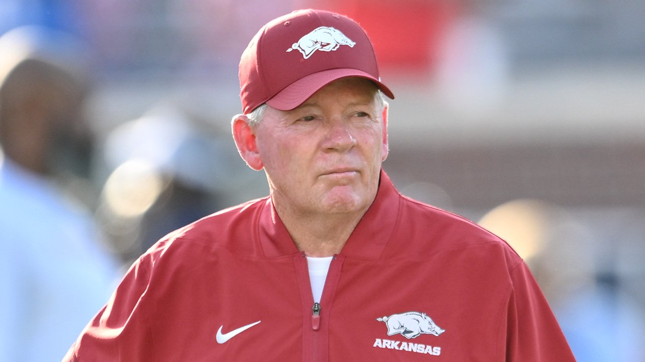 Arkansas Razorbacks offensive coordinator Bobby Petrino during pregame warmups before facing the Ole Miss Rebels