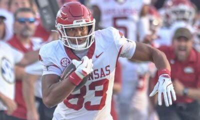 Arkansas Razorbacks Jaden Platt turns upfield against the Ole Miss Rebels