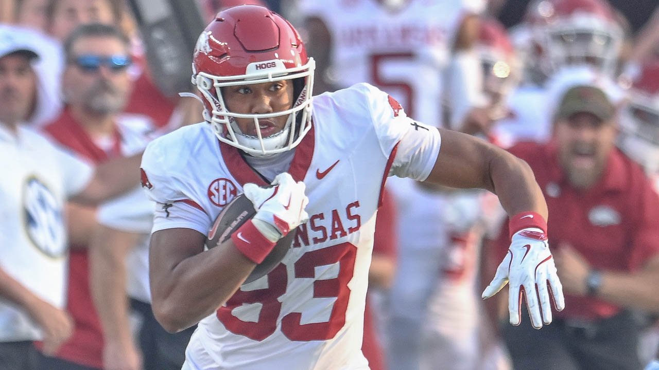 Arkansas Razorbacks Jaden Platt turns upfield against the Ole Miss Rebels