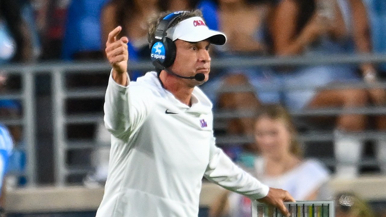 Ole Miss Rebels coach Lane Kiffin on the sidelines against the Arkansas Razorbacks