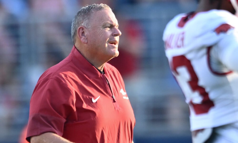 Arkansas Razorbacks coach Sam Pittman on the sidelines against the Ole Miss Rebels