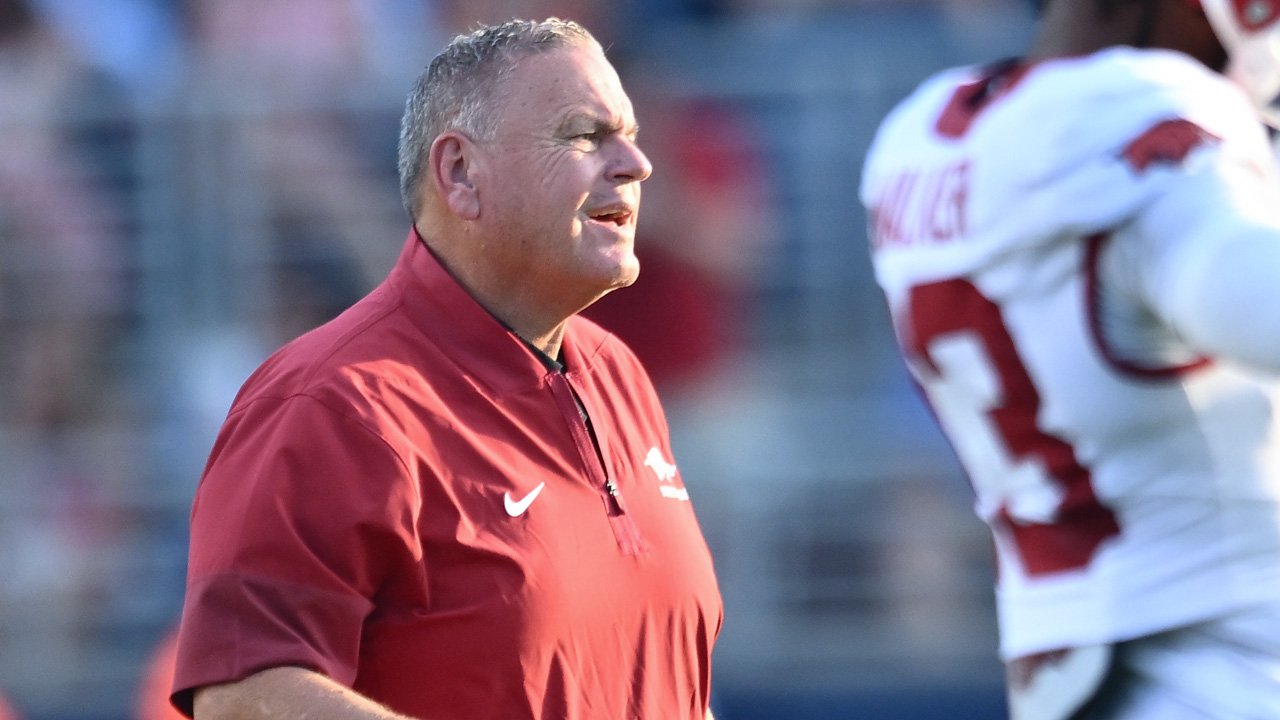 Arkansas Razorbacks coach Sam Pittman on the sidelines against the Ole Miss Rebels
