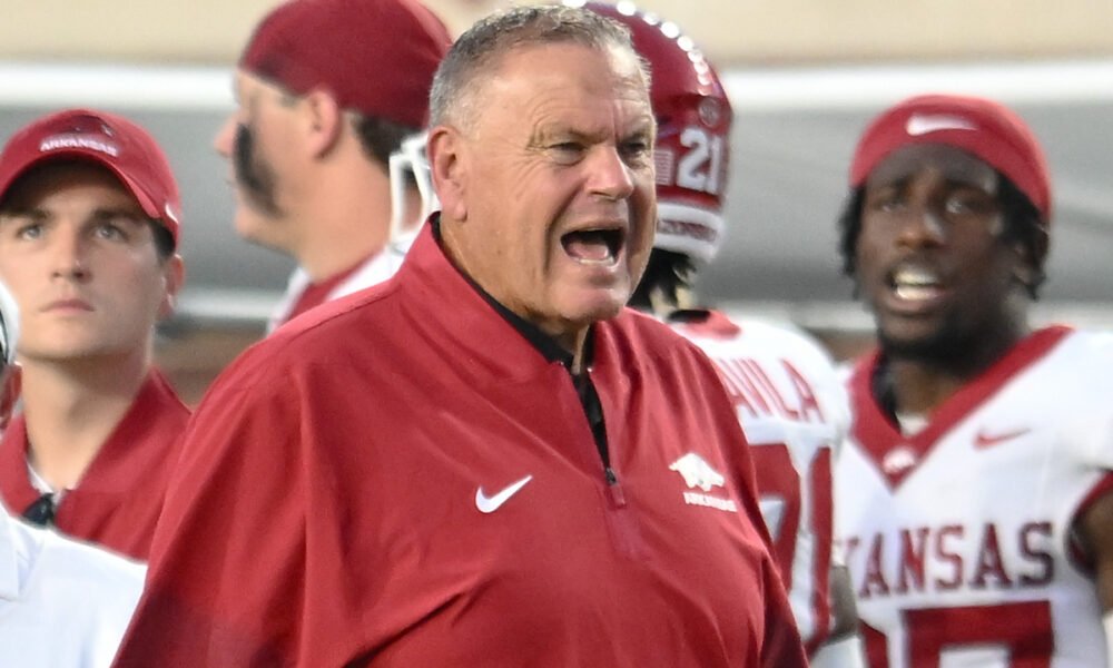 Arkansas Razorbacks coach Sam Pittman on the sidelines against the Ole Miss Rebels