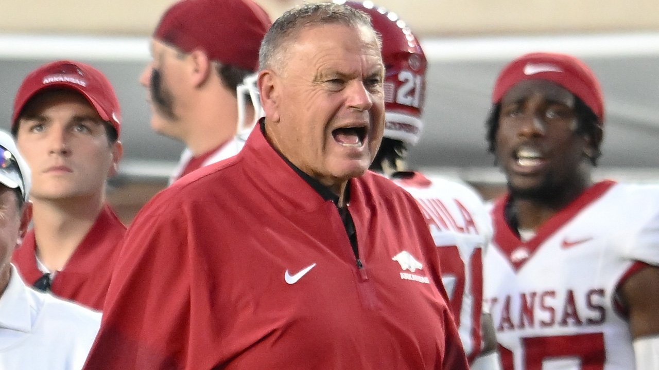 Arkansas Razorbacks coach Sam Pittman on the sidelines against the Ole Miss Rebels