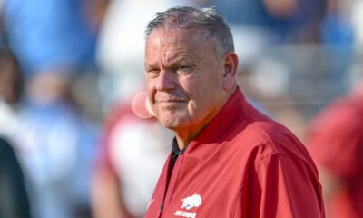 Arkansas Razorbacks coach Sam Pittman on the sidelines against the Ole Miss Rebels