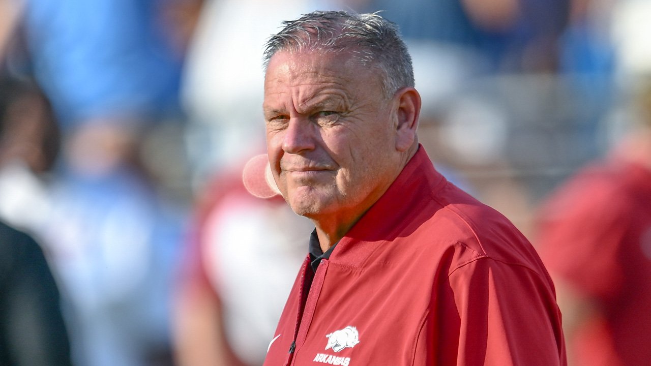 Arkansas Razorbacks coach Sam Pittman on the sidelines against the Ole Miss Rebels