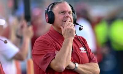 Arkansas Razorbacks coach Sam Pittman on the sidelines against the Ole Miss Rebels