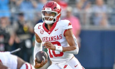 Arkansas Razorbacks quarterback Taylen Green during warmups before a game against the Ole Miss Rebels