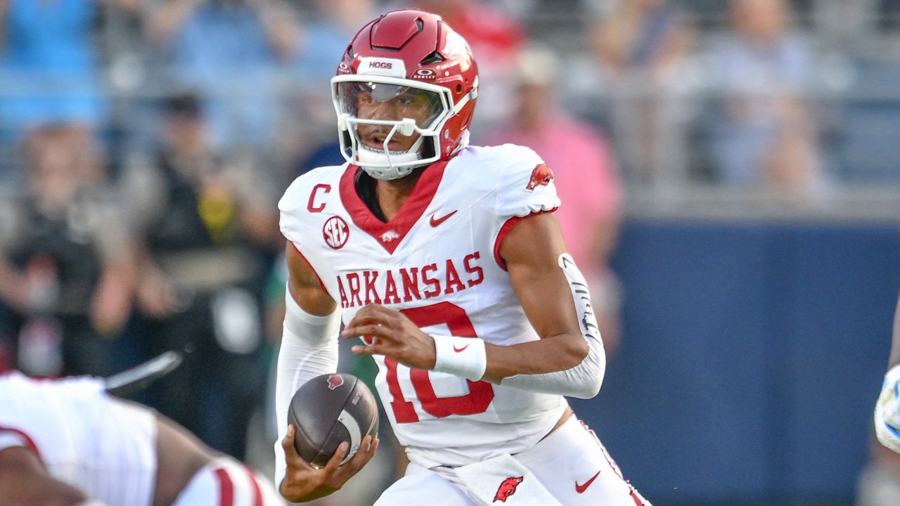 Arkansas Razorbacks quarterback Taylen Green during warmups before a game against the Ole Miss Rebels