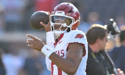 Arkansas Razorbacks quarterback Taylen Green during warmups before a game against the Ole Miss Rebels