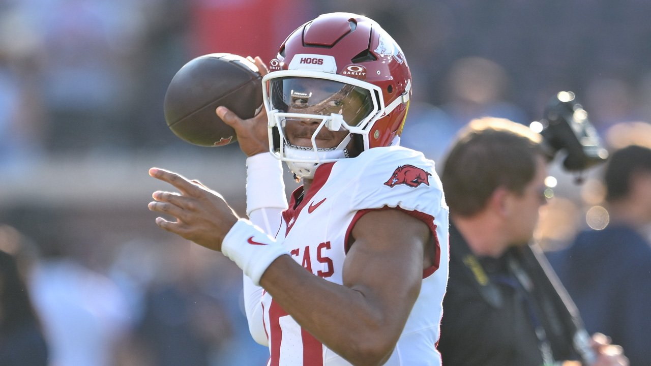 Arkansas Razorbacks quarterback Taylen Green during warmups before a game against the Ole Miss Rebels