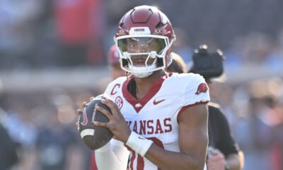 Arkansas Razorbacks quarterback Taylen Green during warmups before a game against the Ole Miss Rebels