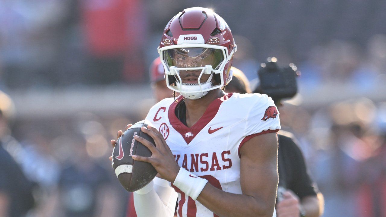 Arkansas Razorbacks quarterback Taylen Green during warmups before a game against the Ole Miss Rebels