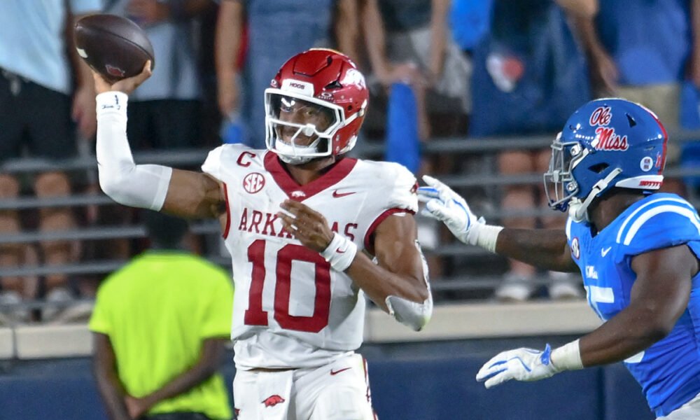 Arkansas Razorbacks quarterback Taylen Green during a game with the Ole Miss Rebels