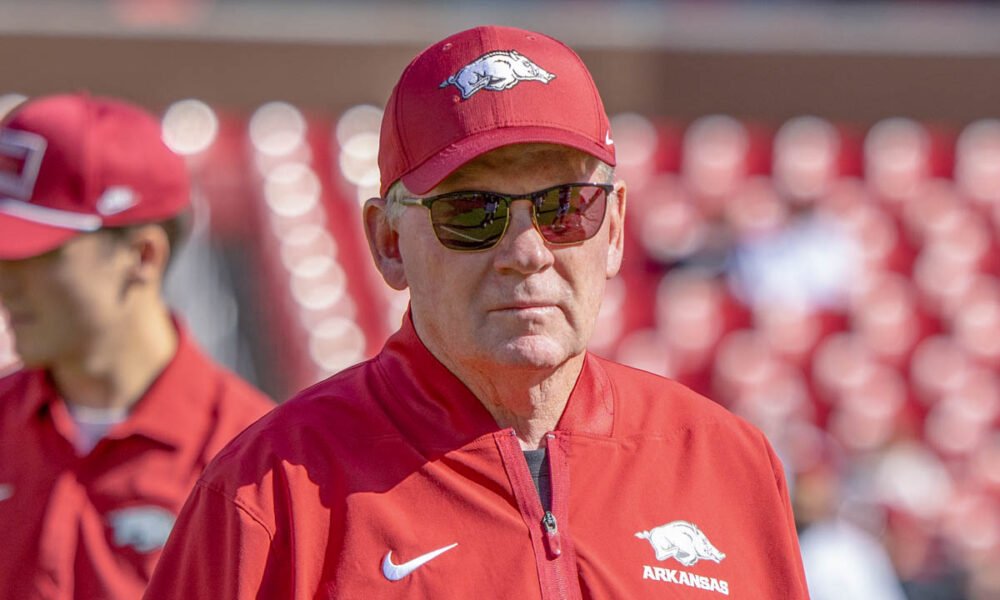 Arkansas Razorbacks offensive coordinator Bobby Petrino during pregame warmups before game with the Notre Dame Fighting Irish