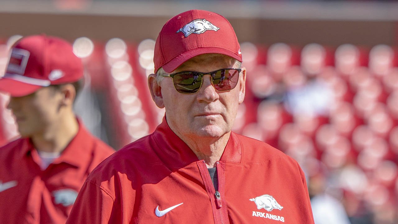 Arkansas Razorbacks offensive coordinator Bobby Petrino during pregame warmups before game with the Notre Dame Fighting Irish