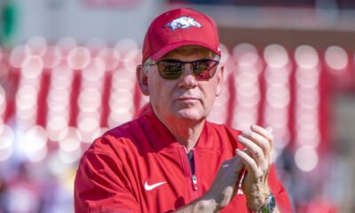 Arkansas Razorbacks offensive coordinator Bobby Petrino during pregame warmups before game with the Notre Dame Fighting Irish