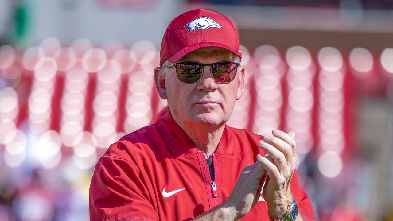 Arkansas Razorbacks offensive coordinator Bobby Petrino during pregame warmups before game with the Notre Dame Fighting Irish